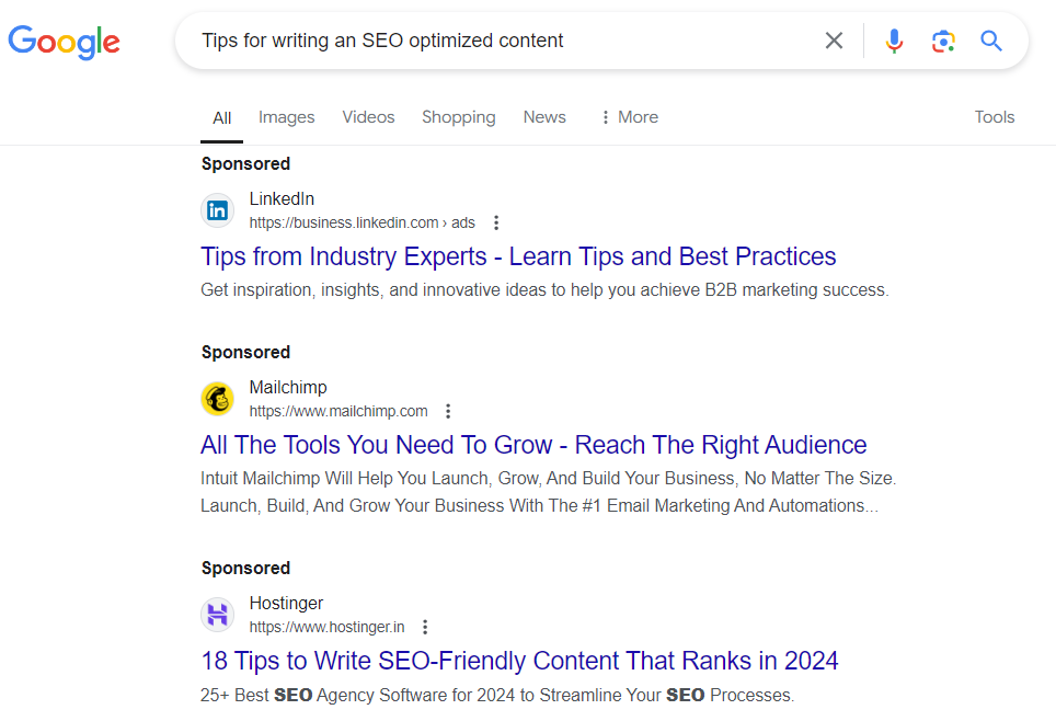 Google Search Results for tips on SEO