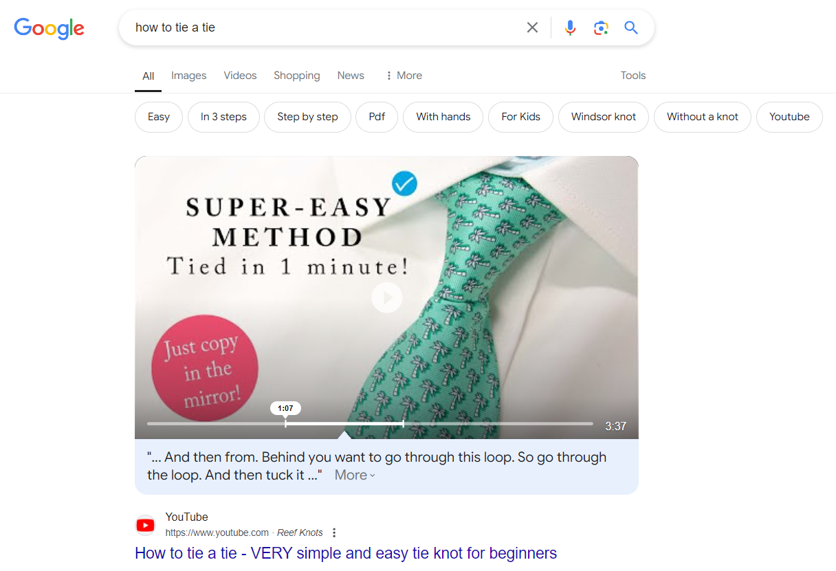 Google results for how to tie a tie