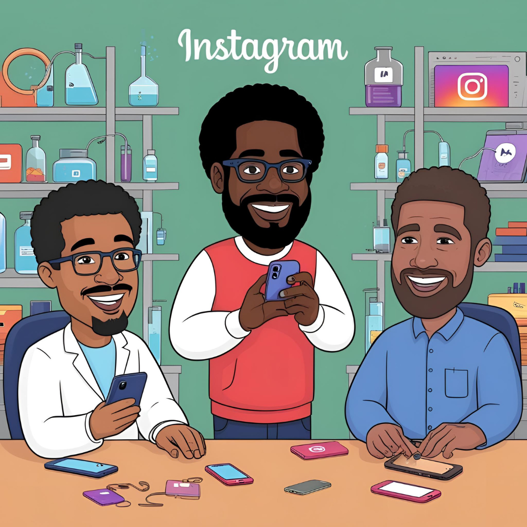 Cartoon characters using instagram on phones