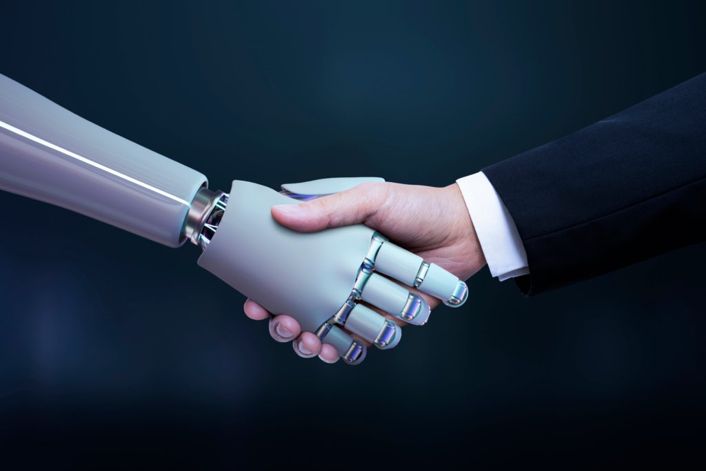 futuristic AI robot shaking hand with human 